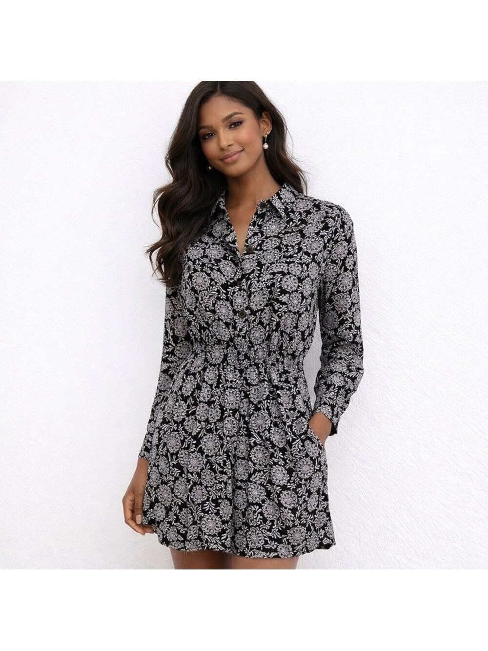 Angie Dress Black & White Floral Button Front Dress Size Small